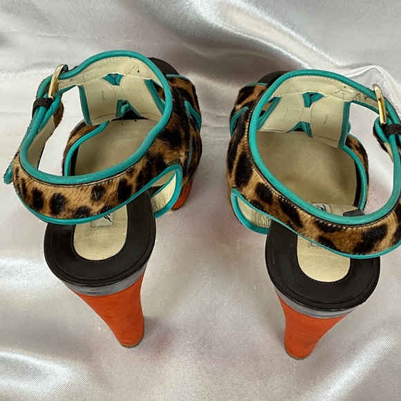 Brian Atwood Leopard Pony Hair Platform Heels Turquoise Trim Size 40 - Picture 9 of 15